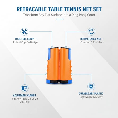 Retractable Table Tennis Net Set, Portable Clip-On Ping Pong Net for Flat Surfaces, Tool-Free Setup with Durable PP Construction - color: Orange