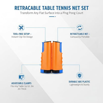 Retractable Table Tennis Net Set, Portable Clip-On Ping Pong Net for Flat Surfaces, Tool-Free Setup with Durable PP Construction - color: Orange