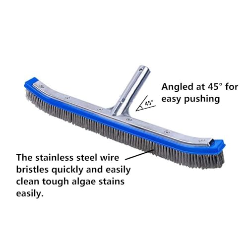 Swimming Pool Brush for Cleaning Pool Walls,Tiles & Floors,Heavy Duty 18" Aluminum Stainless Steel Wire Bristle Pool Scrub Brush for Curved Cleaning Brushes with EZ Clips - color: Silver