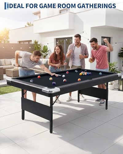 6/7 Foot Pool Table，Foldable Pool Table with Full Set of Balls, 2 Cue Sticks, Chalk & Felt Brush, Portable Billiards Table for Home, Family Game Room, Basement, Man Cave, Mesa De Billar