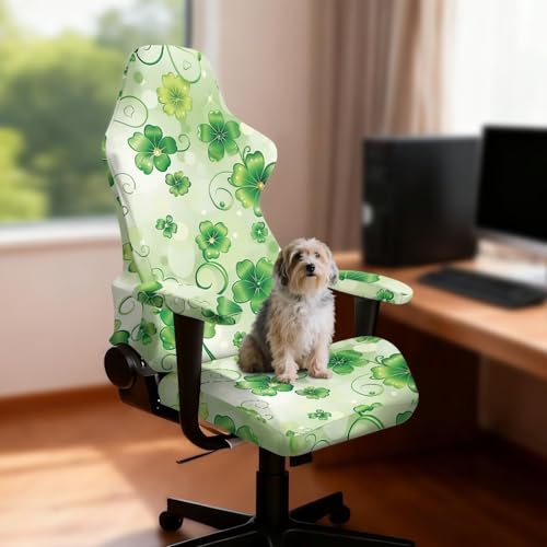 Suobstales Green Shamrock Pattern Gaming Chair Covers Slipcovers, St. Patrick's Day Decoration Stretchable Elastic Computer Reclining Gaming Chair Seat Cover with Armrest Cover (No Chairs) - color: Green Shamrock