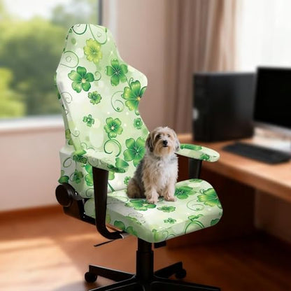 Suobstales Green Shamrock Pattern Gaming Chair Covers Slipcovers, St. Patrick's Day Decoration Stretchable Elastic Computer Reclining Gaming Chair Seat Cover with Armrest Cover (No Chairs) - color: Green Shamrock