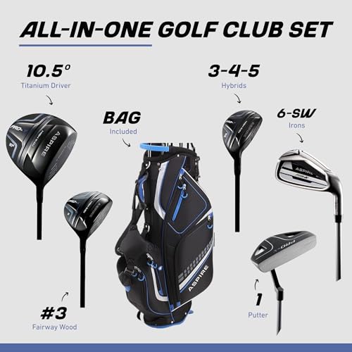 Aspire PRO-X Men’s 19-Piece Golf Set – Titanium Driver, Wood, 3-5 Hybrids, 6-SW Irons, Putter, Stand Bag, 5 Headcovers and Cover – RH - size: Tall Size +1"