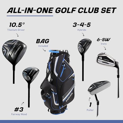 Aspire PRO-X Men’s 19-Piece Golf Set – Titanium Driver, Wood, 3-5 Hybrids, 6-SW Irons, Putter, Stand Bag, 5 Headcovers and Cover – RH - size: Tall Size +1"
