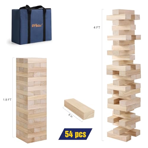 Offelec Giant Tumbling Tower Game with Carry Bag - 54 Jumbo Wooden Stacking Blocks for Indoor Outdoor Yard Games, Large Tower Stacking Grows to Over 4 FT Tall - Family Party Toy for Kids & Adults - style: Over 4 Ft