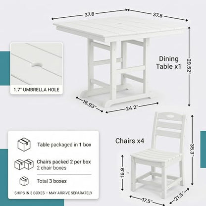 5 PCS Outdoor Dining Set, Weather Resistant HDPE 37.8" Square Patio Table and Chairs Patio Furniture Sets with 1.7" Umbrella Hole for Garden, Backyard, Yard, Pool, Balcony - color: 37.8" Outdoor Dining Set of 5, White
