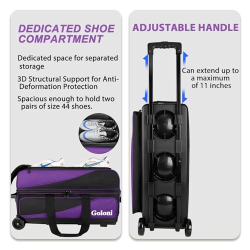 Goloni 3 Ball Bowling Bag with Wheels, Rolling Bowling Roller Bag with Retractable Handle for Balls & Bowling Accessories - color: 3 Ball-Purple