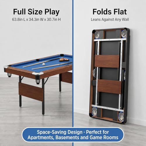 63.8 Inch Foldable Pool Table, No Assembly, Steel Folding Legs, 4-Point Leveling Feet, Complete Set — 16 Balls, Triangle, Chalk, Felt Brush - color: Blue Felt+Wood Color Frame