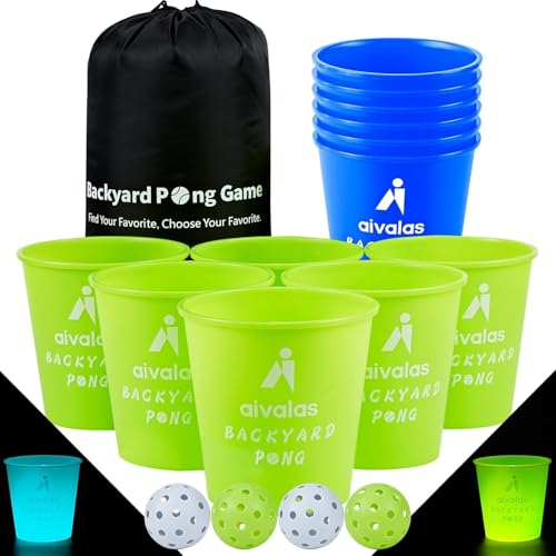 Aivalas Yard Pong Outdoor Games Glow Set in Dark, Giant Yard Pong Game for Adults and Family with 12 Buckets, 4 Balls and a Carrying Bag, Giant Pong for Beach, Camping, Lawn and Backyard - color: Green/Blue Glow in Dark