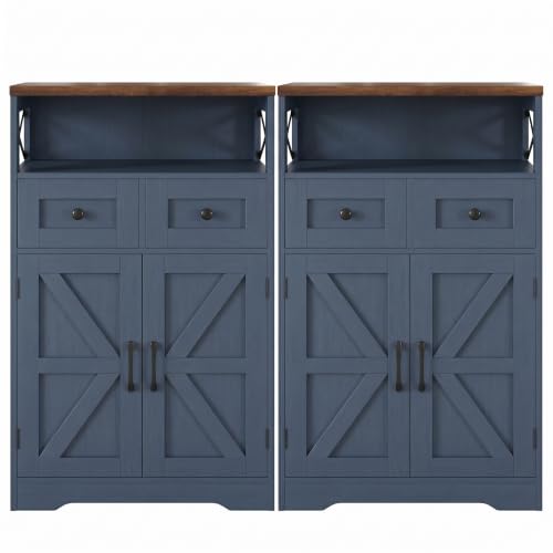 Blue Farmhouse Storage Cabinet Set of 2, Small Kitchen Pantry Storage Cabinet with Drawers and Adjustable Shelves, Sideboard Buffet Coffee Bar Cabinet for Living Room/Dining Room/Bathroom/Home Office - color: Blue, size: 2 Pack