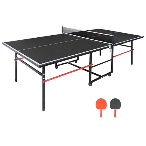 8 Ft Ping Pong Table Foldable for Outdoor Indoor, Mid-Size Portable Ping Pong Table Set, Table Tennis Table with Net / 2 Tennis Paddles / 3 Balls for Adults Teens, Easy Assembly & Store - color: Black
