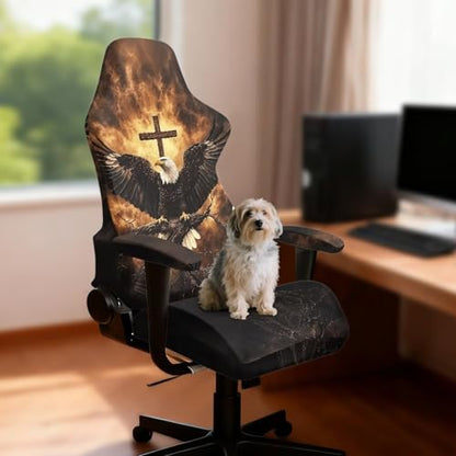 Suobstales Eagle Cross Fire Pattern Gaming Chair Cover, Removable Office Chair Cover with Zipper, Stretch Anti-dust Universal Washable High Back Computer Seat Protector for Pets - color: Eagle Cross Fire