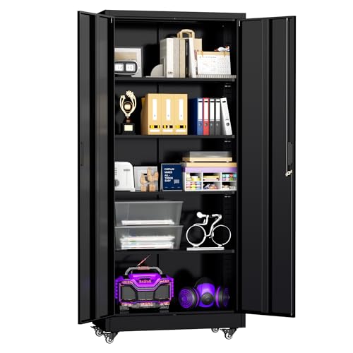 Superday 73" Metal Storage Cabinet with Wheels, Lockable Steel Utility Cabinet with 2 Doors and 4 Adjustable Shelves, Rolling Storage Cabinets for Garage, Home Office, Kitchen Pantry, Black - color: Black, size: 73" with Wheels