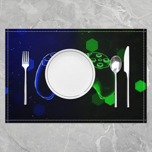 Erosebridal Boys Gaming 4 PCS of Placemats 12x18 Video Game Place Mat for Dining Table Hexagon Spots Honeycomb Non Slip Table Mats Modern Blue Green - color: Blue Green