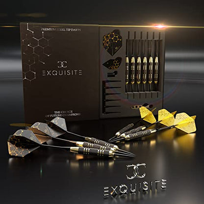 CC-Exquisite Premium Steel Tip Darts Set - Professional Darts, Brass Barrels, Metal Tip Darts, Extra Flights, (12) Aluminum Shafts 35/48, O-Rings, Dart Tool, Dart Sharpener, Darts Case