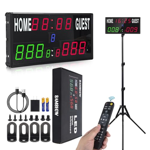 Samshow 2025 LED Electronic Scoreboard Digital Score Keeper with Remote & Tripod, Basketball Scoreboard with Shot Clock & Timer & 12/24h Real Time for Outdoor Yard Games/Corn Hole/ping Pong/Pickleball - style: 2025 6 digital led scoreboard - tripod
