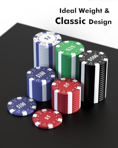 HEITOK 500pc Poker Chip Set 11.5g Iron Core Denominations Texas Holdem | 2-10 players, numbered values 1/5/25/100/500, aluminum case, cards, dice, dealer/small/big blind buttons, Blackjack - size: 500 numbered chips set