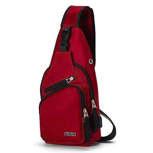 Seoky Rop Men Women Sling Backpack Nylon Water Resistant Shoulder Chest Crossbody Sling Bag with USB Charging Port - color: Red