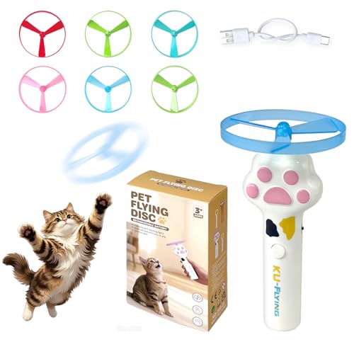 Rechargeable Cat Flying Disc Launcher, Interactive Hunting Fetch Toy with 6 Soft Flexible Flying Spinners, Electric Pet Play Toy, Indoor Outdoor Yard Interactive Exercise Toys for Cats(White) - color: White