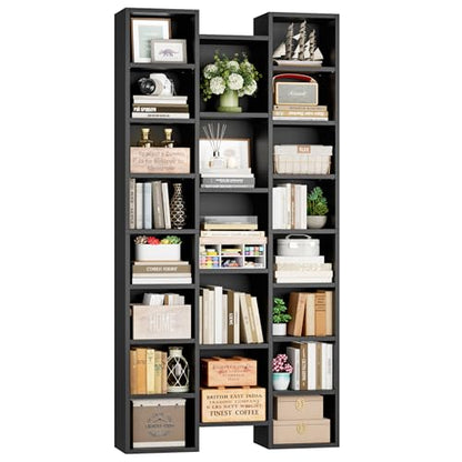 FOTOSOK 71'' Tall Bookshelf with 21 Cubes, 8 Tier Triple Wide Black Bookshelf with 8 Adjustable Shelves, 35" Large Bookcase DVD/CD Media Tower Storage, Freestanding Display Shelf Cabinet, Black - color: Black