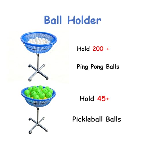 TNZMART Ping Pong Pickleball Ball Holder, Height Adjustable Ping Pong Storage Basket, Portable Table Tennis Ball Container with Wheels for Training, Practice