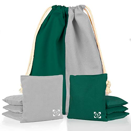 Professional Cornhole Bags - Set of 8 Regulation All Weather Double Sided - Sticky Side/Slick Side Bean Bags for Pro Corn Hole Game - color: Hunter Green & Gray