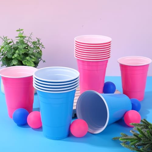 JarThenaAMCS 32Pcs Cup Table Tennis Game Set 22 Blue & Pink Plastic Cups 10 Ping Pong Balls for Gender Reveal Party Game Supplies