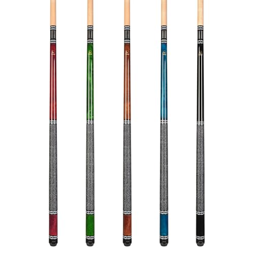 ASKA Set of 5 Pool Cue Sticks 58", 2-Piece Construction, 5/16x18 Joint, Hard Rock Canadian Maple, 13mm Hard Glued On Tip, Mixed Weights and Colors, Choice of Style