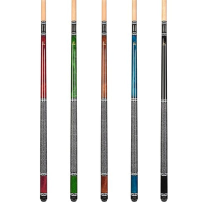 ASKA Set of 5 Pool Cue Sticks 58", 2-Piece Construction, 5/16x18 Joint, Hard Rock Canadian Maple, 13mm Hard Glued On Tip, Mixed Weights and Colors, Choice of Style