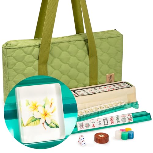 Yellow Mountain Imports American Mahjong Set, “Aloha” - 166 Tiles with Plumeria Motif, Acrylic Racks with Pushers, Quilted Island Sage Green Case, Scoring Coins, Dice & Wind Indicator - color: Green