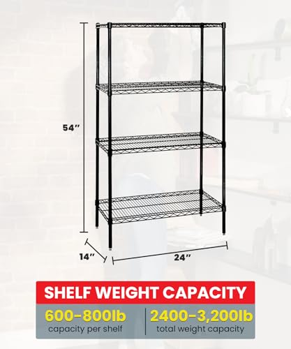 Quantum WR54-1424BK Epoxy Coated Wire Shelving Starter Kit Unit with (4) Shelves and (4) Posts for Commercial Warehouse Distribution | 800 lbs Capacity | 24"W x 14"D x 54"H, Carbon Steel, Black, NSF - color: Black Epoxy, size: 54H x 24W x 14D