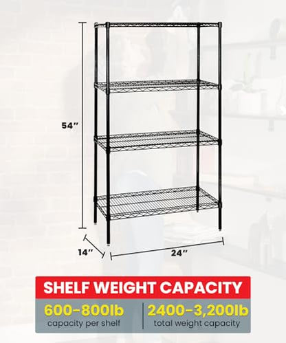 Quantum WR54-1424BK Epoxy Coated Wire Shelving Starter Kit Unit with (4) Shelves and (4) Posts for Commercial Warehouse Distribution | 800 lbs Capacity | 24"W x 14"D x 54"H, Carbon Steel, Black, NSF - color: Black Epoxy, size: 54H x 24W x 14D