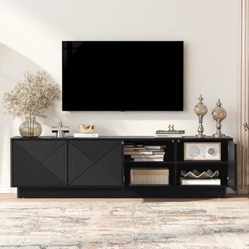 HABITRIO4-Door Wave Design Storage Cabinet with Adjustable Shelves and LED Accent Lighting, Wooden Display Cabinet for Living Room, Bedroom, Home Office, Space-Saving, Black - color: Black