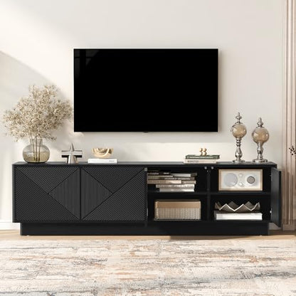 HABITRIO4-Door Wave Design Storage Cabinet with Adjustable Shelves and LED Accent Lighting, Wooden Display Cabinet for Living Room, Bedroom, Home Office, Space-Saving, Black - color: Black