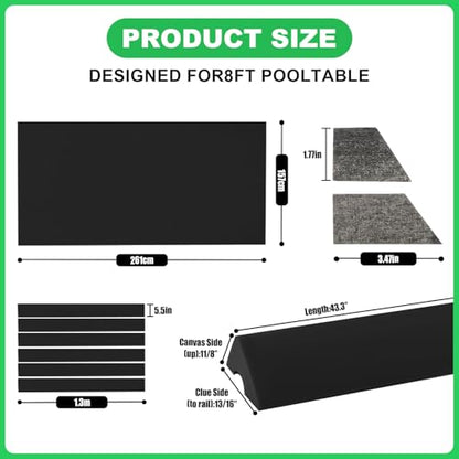 Podoy 8ft Pool Table Replacement Kit, Pool Table Bumpers (Set of 6) with Felt Cloth/Cushion Facings (Set of 12) for Billiard Rail Rubber Bumpers Home & Pro Use Billiard Rail & Pocket Accessories - color: BLACK WITH CLOTH