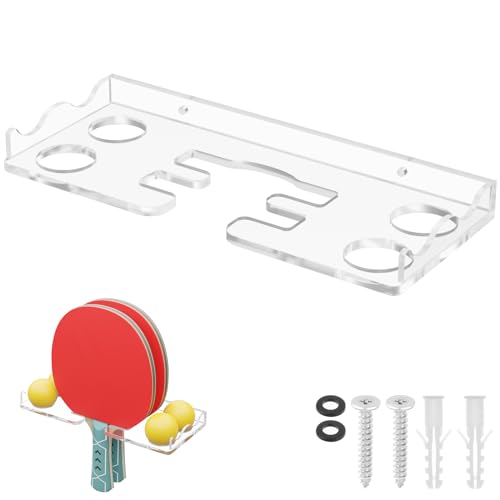 Cosmos Table Tennis Paddle Holder Ping Pong Paddle Wall Mount Shelf Rack Ping Pong Racket Display Stand Holding 2 Pcs Paddles and 4 Balls for Storing in Recreation Room Game Court - color: Transparent Clear