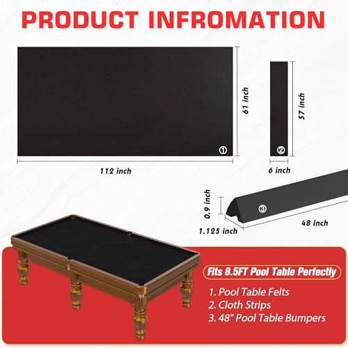 Pool Table Felt and Bumper Kit Felt for Billiard Cloth with Pool Table Bumpers and Cushions Facing, 6 Pcs Cloth Strips and Staple Remover - color: Black, size: 8.5FT Over Size + 48'' Bumpers