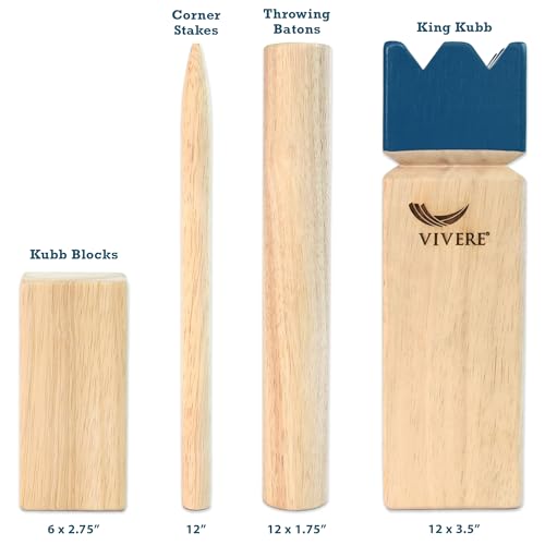 Vivere Kubb Yard Game Set Tournament Quality, Viking Chess Outdoor Clash Toss Yard Game with Carrying Case - Premium Rubber Wood with Corner Stakes