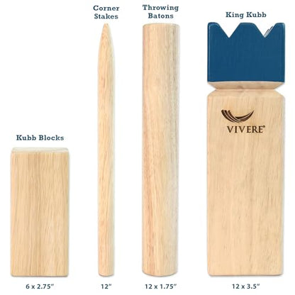 Vivere Kubb Yard Game Set Tournament Quality, Viking Chess Outdoor Clash Toss Yard Game with Carrying Case - Premium Rubber Wood with Corner Stakes