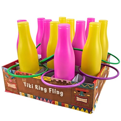 4E's Novelty Tiki Ring Fling Bottle Ring Toss Game Set for Party Games for Adults and Family, Beach Summer Hawaiian Luau Outdoor Indoor Game Activity