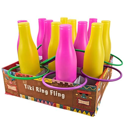 4E's Novelty Tiki Ring Fling Bottle Ring Toss Game Set for Party Games for Adults and Family, Beach Summer Hawaiian Luau Outdoor Indoor Game Activity