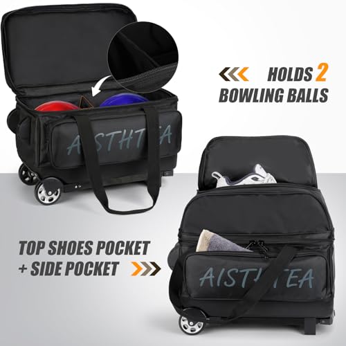 2 Ball Bowling Bag with Wheels, Bowling Bags 2 Ball Roller - 1680D Reinforced Oxford, Bowling Ball Bag with Separate Shoe Compartment & Retractable Handle Extends to 40'' - color: Black