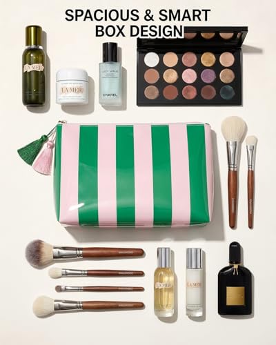 LETGO Green Pink Striped Waterproof PVC Beach Makeup Bag with Tassel Zipper, Large Preppy Coastal Summer Beach Vacation Travel Toiletry Cosmetic Pouch for Women(Green Pink) - color: Green Pink