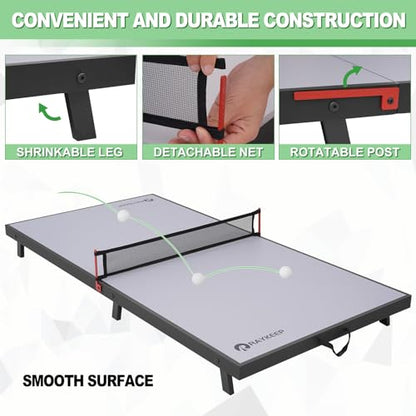 RAYKEEP Mini Foldable Table Tennis Table, Portable Ping Pong Game Table for Indoor & Outdoor, Table Tennis Table Set w/Net, 2 Paddles, 2 Balls, No Assembly, 48inch (Grey)