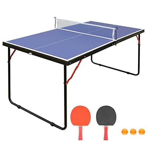 KEIKI 4.5FT Foldable Ping Pong Table, Portable Table Tennis Table with Net & Paddles, Compact Indoor Game Table for Home, Office, Party, Space-Saving Ping Pong Table - color: Blue