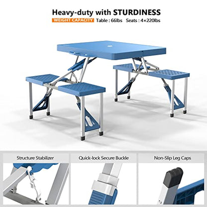 VINGLI 4 Ft Camping Picnic Table Set with 4 Seats with Umbrella Hole Folding Lightweight Suitcase Card Table-220 Lbs Support Aluminum Frame, Plastic RV Tabletop for Barbecue,Travel,Outing,Gathering - color: Blue