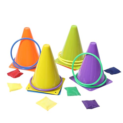 42 pcs 3-in-1 Carnival Games Set Plastic Colorful Cones Ring Toss Combo Set Outdoor Carnival Games Bean Bag for Kids Adults Birthday Party Outdoor Throwing Games