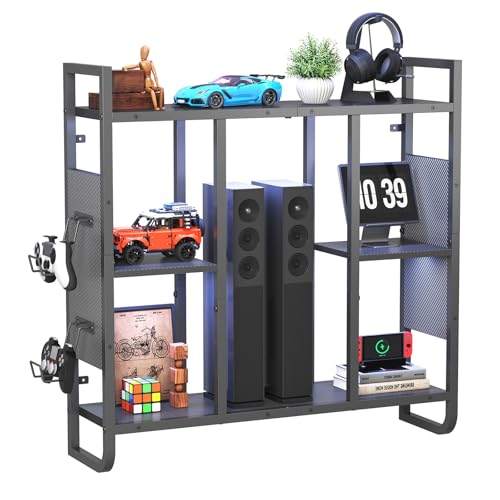 MAHANCRIS Gaming Floating Shelves with LED Lights | 3-Tier Wall Mounted Shelf with 2 Controller Hooks, Black Hanging Display Rack for Gaming Room Decor Home Bar