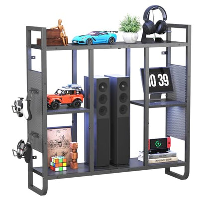 MAHANCRIS Gaming Floating Shelves with LED Lights | 3-Tier Wall Mounted Shelf with 2 Controller Hooks, Black Hanging Display Rack for Gaming Room Decor Home Bar