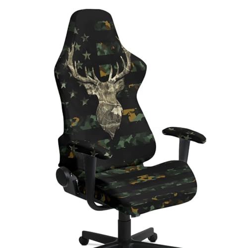 Deer American Flag Camouflage Print Gaming Chair Cover 4 PCS Stretchable Washable Computer Chair Seat Slipcovers Fits Office Chairs Racing Gamer Chair Covers - color: Deer American Flag Camouflage